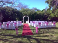 Garden wedding Constantia, Cape Town - decorated arch, pink colour scheme